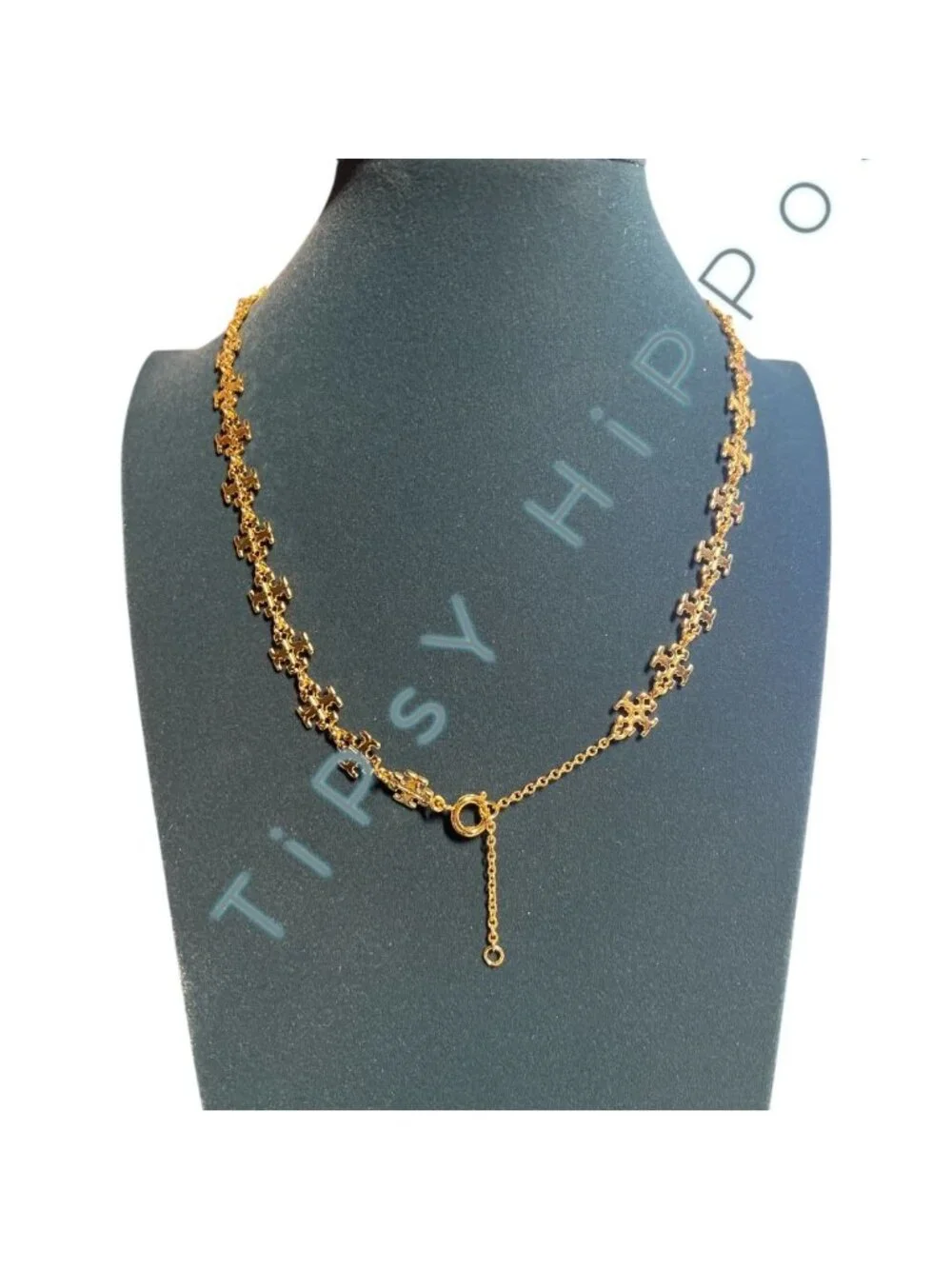 Tory Burch Gold Puzzle Piece Chain Necklace With Adjustable Clasp & Branded Pouc